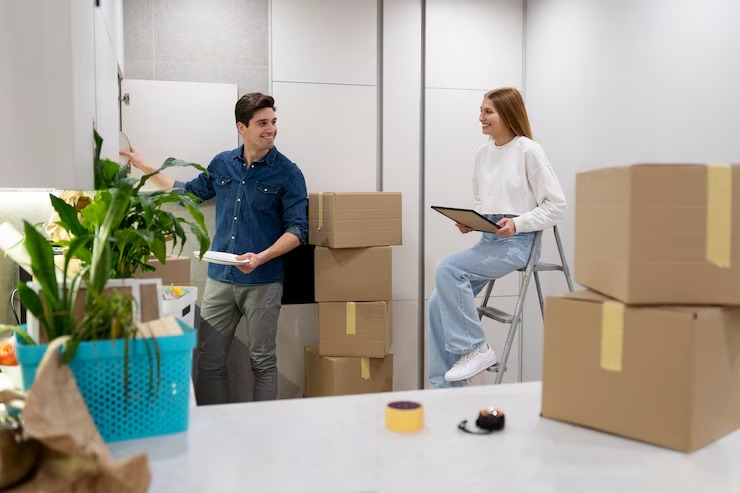 Young couple unpacking boxes in a modern kitchen after using professional cargo and moving services